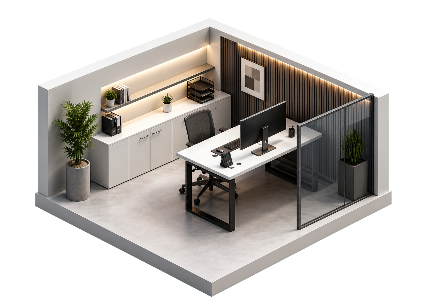 Isometric professional office with a desk, computer, chair, storage and plant