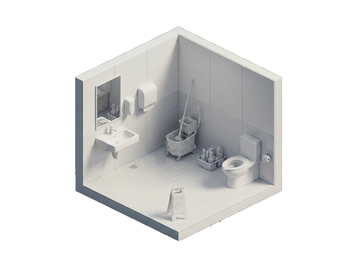 Isometric commercial restroom shown as a neutral white clay model